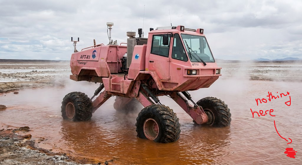 The Adventurous Flamingo Tractor wading through a caustic salt lake